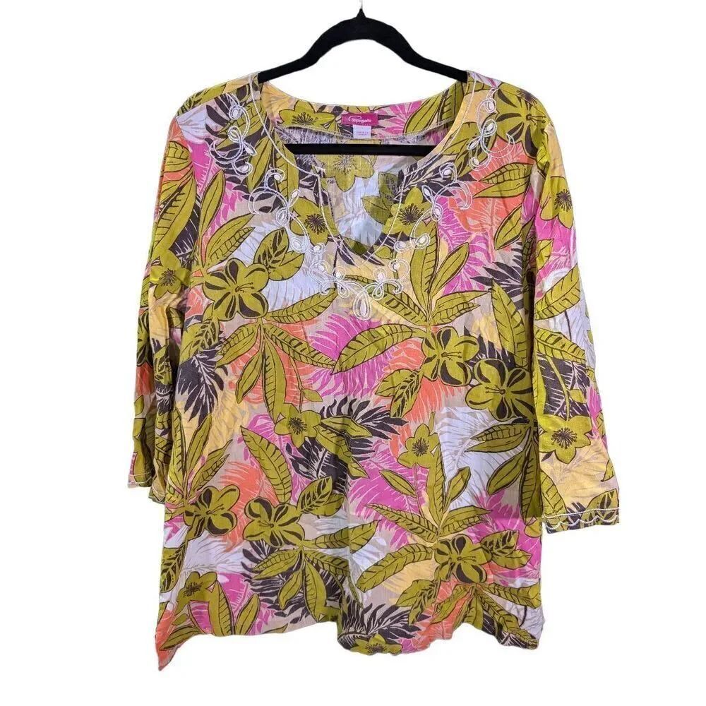 Capagallo Embroider V neck Vintage 3/4 Sleeve Blouse Women's Large